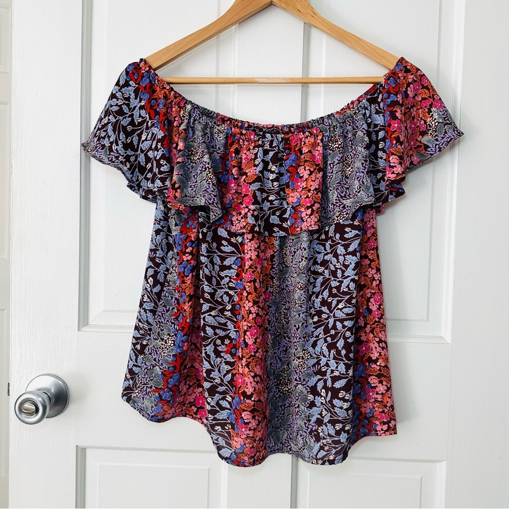 Maeve Anthropologie Off Shoulder Ruffle Blouse Floral Patchwork Top Boho Size S